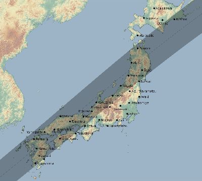 Map of the eclipse path across Japan on 06/03/1742