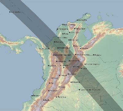 Map of the eclipse path across Colombia on 09/25/1745