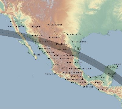 Map of the eclipse path across Mexico on 09/25/1745
