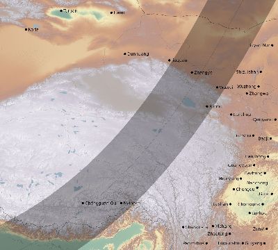 Map of the eclipse path across China on 03/22/1746