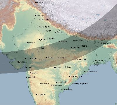 Map of the eclipse path across India on 03/22/1746