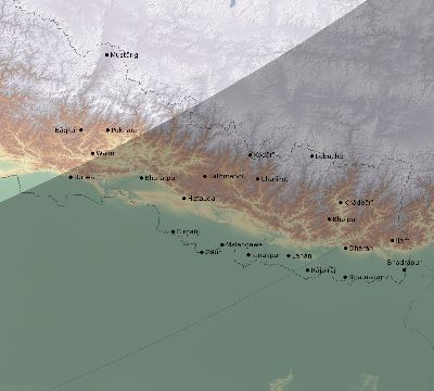 Map of the eclipse path across Nepal on 03/22/1746