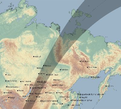Map of the eclipse path across Russia on 03/22/1746