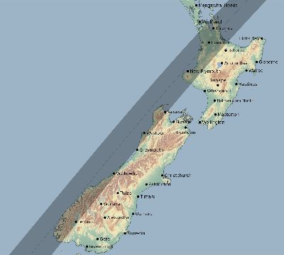 Map of the eclipse path across New Zealand on 01/30/1748
