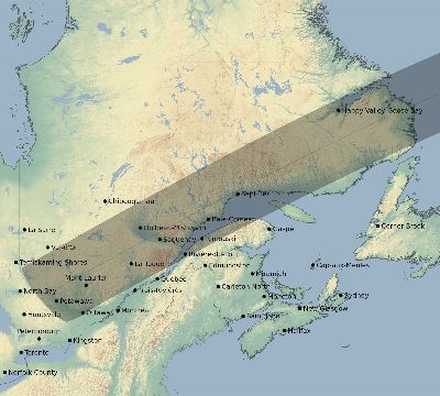 Map of the eclipse path across Canada on 07/25/1748