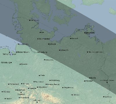 Map of the eclipse path across Germany on 07/25/1748