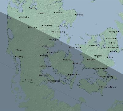 Map of the eclipse path across Denmark on 07/25/1748