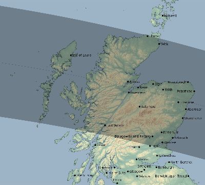 Map of the eclipse path across United Kingdom on 07/25/1748