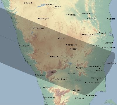 Map of the eclipse path across India on 07/25/1748