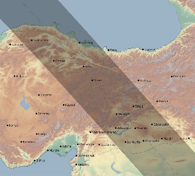Map of the eclipse path across Turkey on 07/25/1748