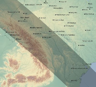 Map of the eclipse path across Ukraine on 07/25/1748