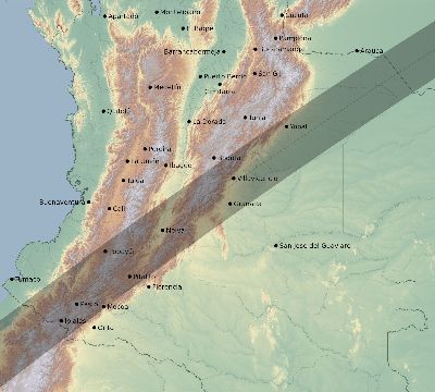 Map of the eclipse path across Colombia on 01/18/1749