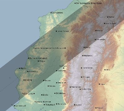 Map of the eclipse path across Ecuador on 01/18/1749