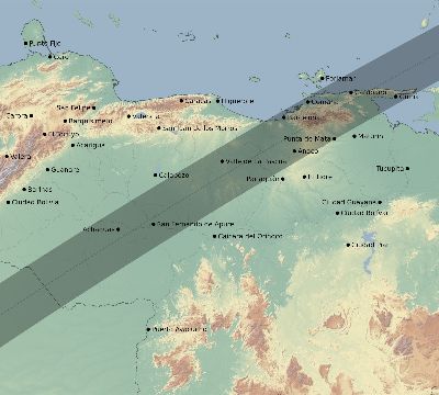Map of the eclipse path across Venezuela on 01/18/1749