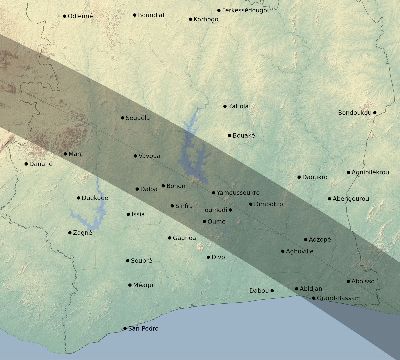 Map of the eclipse path across Côte d'Ivoire (Ivory Coast) on 07/14/1749