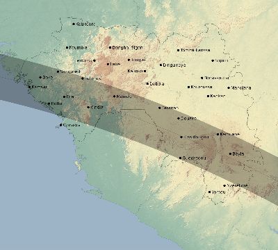 Map of the eclipse path across Guinea on 07/14/1749