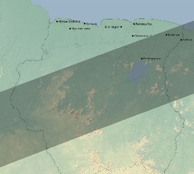 Map of the eclipse path across Suriname on 07/14/1749