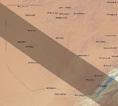Map of the eclipse path across Zambia on 07/14/1749