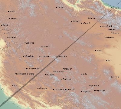 Map of the eclipse path across Iran on 01/08/1750