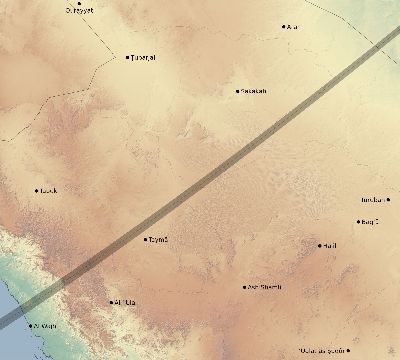 Map of the eclipse path across Saudi Arabia on 01/08/1750