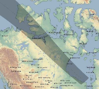 Map of the eclipse path across Canada on 05/25/1751