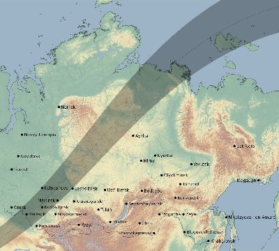 Map of the eclipse path across Russia on 05/25/1751