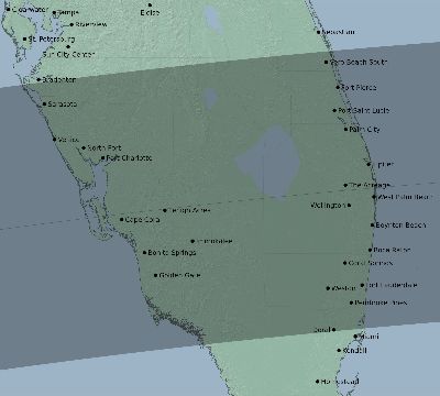 Map of the eclipse path across United States on 05/13/1752