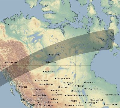 Map of the eclipse path across Canada on 03/12/1755