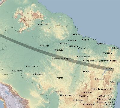 Map of the eclipse path across Brazil on 08/25/1756