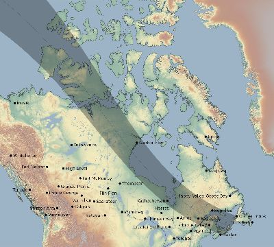 Map of the eclipse path across Canada on 08/14/1757