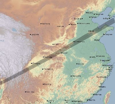 Map of the eclipse path across China on 12/30/1758
