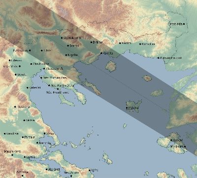 Map of the eclipse path across Greece on 12/30/1758