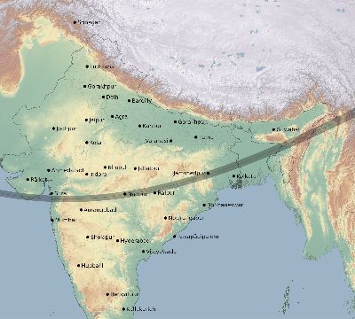Map of the eclipse path across India on 12/30/1758