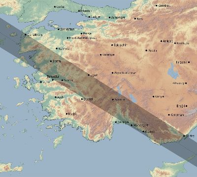 Map of the eclipse path across Turkey on 12/30/1758