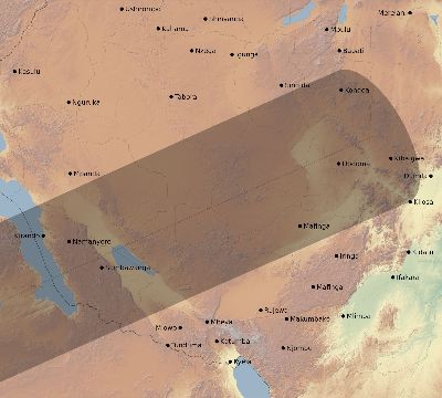 Map of the eclipse path across Tanzania on 12/19/1759