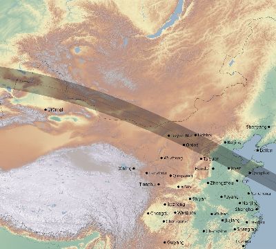 Map of the eclipse path across China on 06/13/1760
