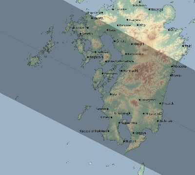 Map of the eclipse path across Japan on 06/13/1760