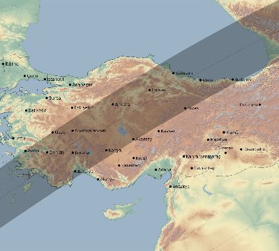 Map of the eclipse path across Turkey on 06/13/1760