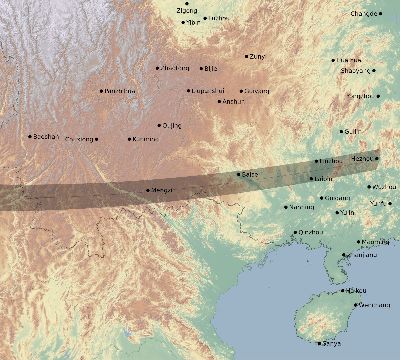 Map of the eclipse path across China on 10/17/1762
