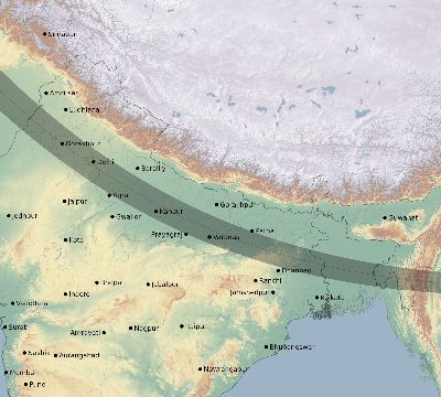 Map of the eclipse path across India on 10/17/1762