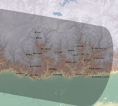 Map of the eclipse path across Bhutan on 04/13/1763