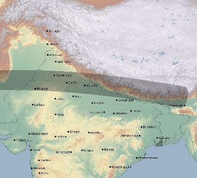 Map of the eclipse path across India on 04/13/1763