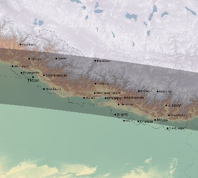Map of the eclipse path across Nepal on 04/13/1763