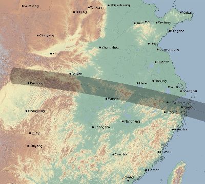Map of the eclipse path across China on 10/07/1763