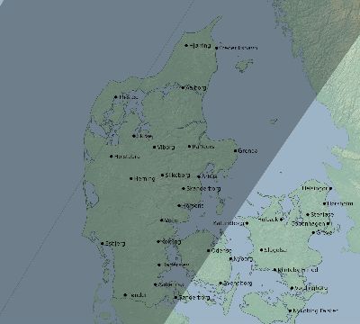 Map of the eclipse path across Denmark on 04/01/1764