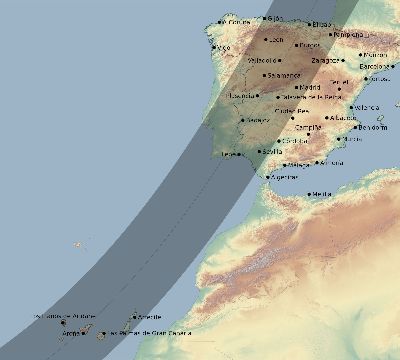 Map of the eclipse path across Spain on 04/01/1764