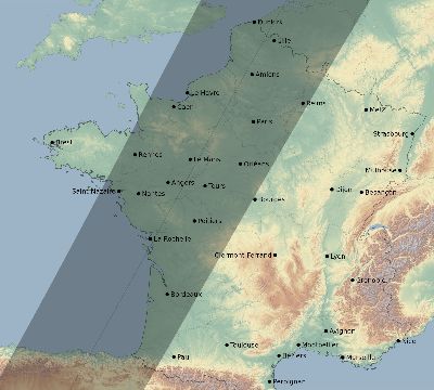 Map of the eclipse path across France on 04/01/1764