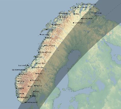 Map of the eclipse path across Norway on 04/01/1764