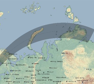 Map of the eclipse path across Russia on 04/01/1764