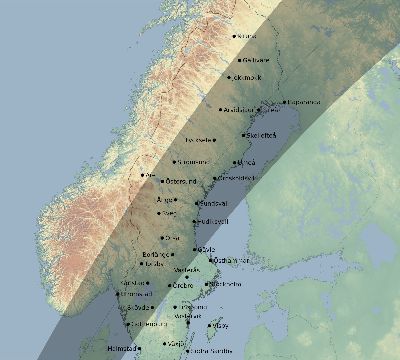 Map of the eclipse path across Sweden on 04/01/1764